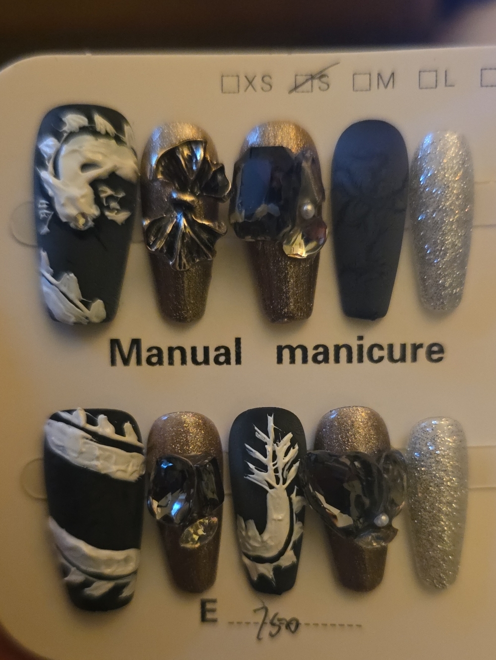 Black, Gold and Silver 3D Floral Press-On Nail Set Small
